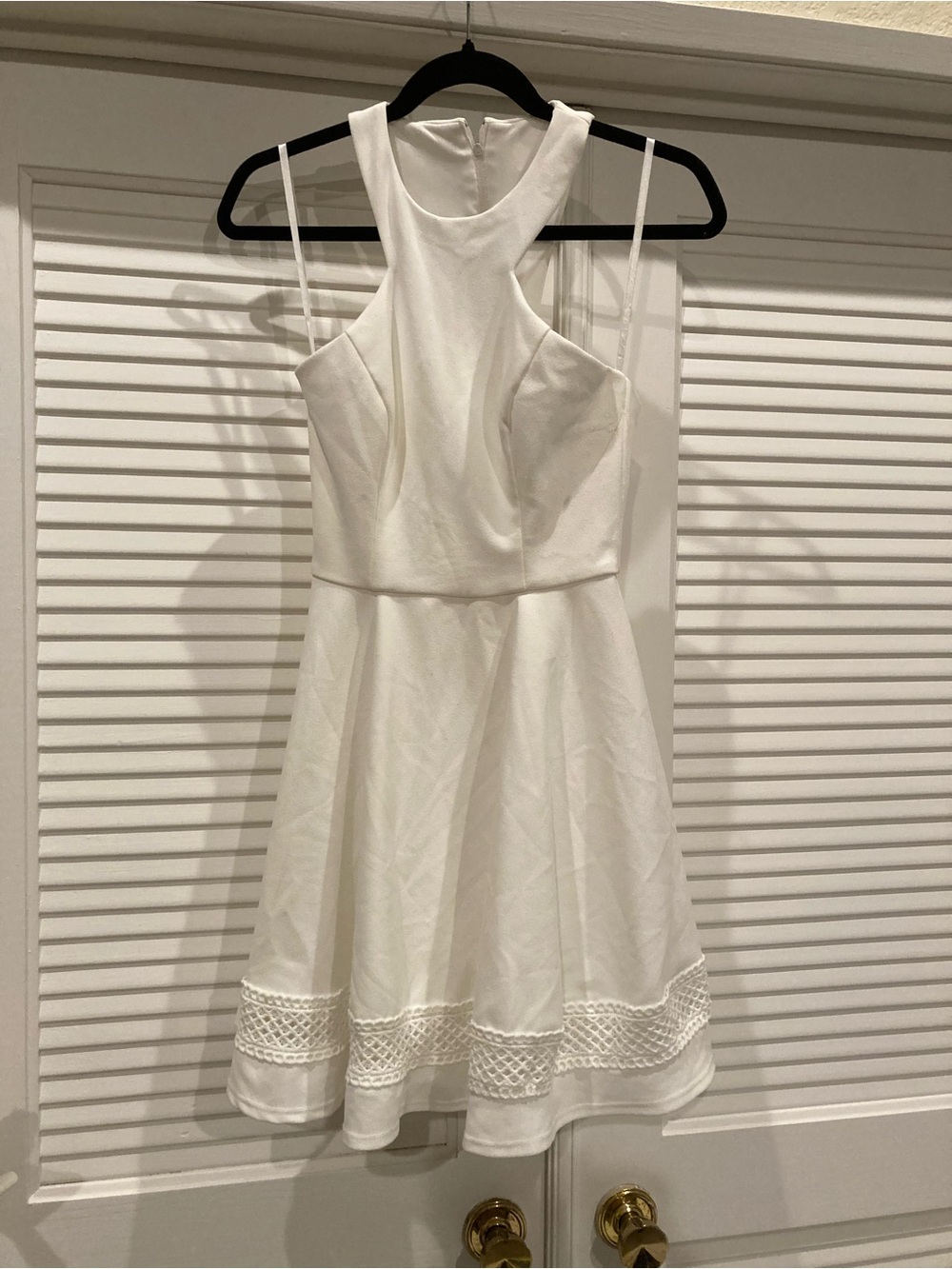 B Darlin White Halter Mini Dress with Crochet Hem